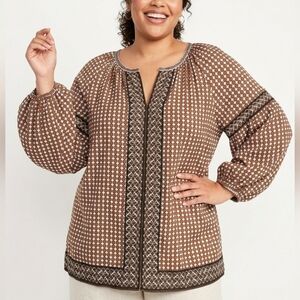 NWT Max Studio Plus Size Brown & White Geometric Peasant Blouse